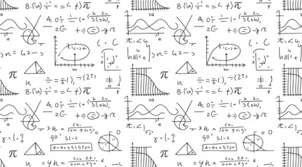 Hand drawn mathematical equations and graphs on white background with pi symbol and geometric shapes
