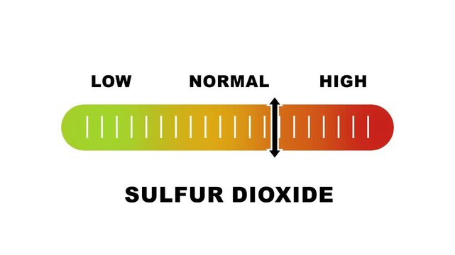 Sulfur dioxide level indicator scale. Low normal & high meter infographic animation on white background. Showing high sulfur dioxide level color gauge indicator for Air quality environmental pollution