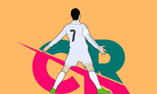 CR7 inspired soccer player silhouette with bold typography. Modern football illustration celebrating victory and champion energy, perfect for sports branding, fan posters, and marketing.