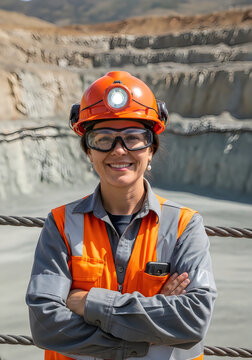 Smiling worker in safety gear stands confidently at a mining site with a deep pit behind