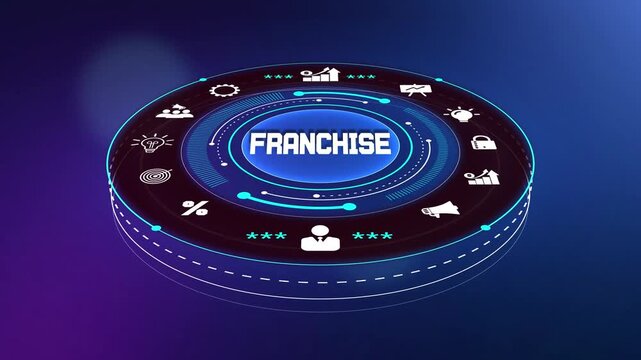 Business franchise modeling and global branding on digital hud, retail chain expansion and licensing strategy visuals