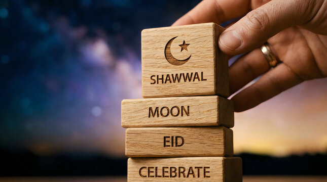 Hand stacking conceptual wooden blocks featuring a crescent moon icon, Shawwal, Moon, and Eid text for Islamic festival celebration.
