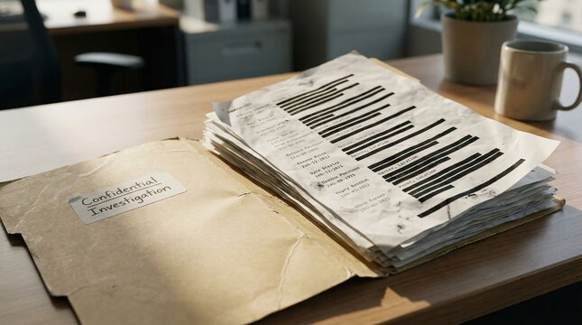 Mysterious redacted documents and blurred photo on dark table