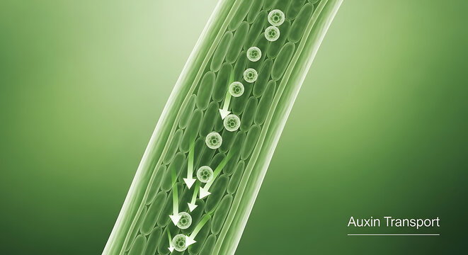 Illustration of auxin transport in a plant stem showing cellular structure and hormone movement downward