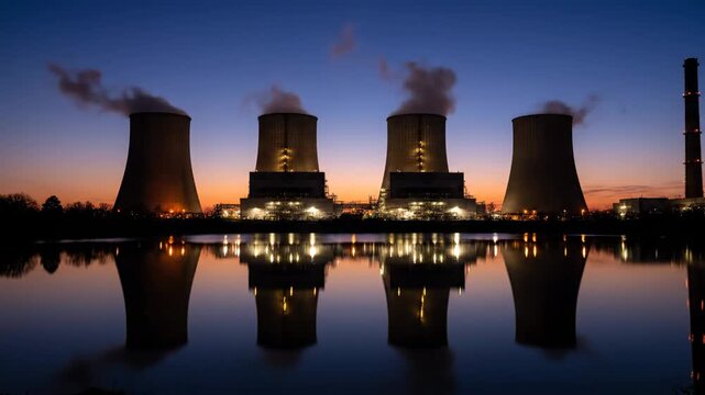Silhouetted industrial power plant with reflections in still water at dusk