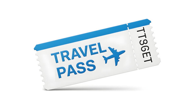 Realistic White Travel Pass Ticket with Blue Airplane Icon and Bold Typography Isolated on White Background for Tourism and Flight Booking Promotion