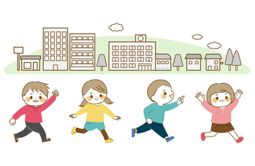 元気に走る子どもたちと街並み
