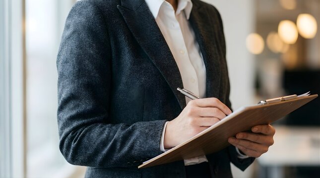 Professional person meticulously writing notes on a clipboard in a bright, modern office environment, capturing focused work activity