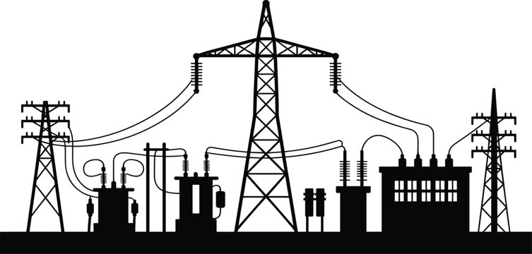 Black silhouette illustration of electrical power substation and transmission towers, transformers, circuit breakers, energy grid infrastructure, electricity distribution vector design