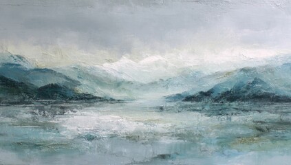 Obraz premium Impressionistic landscape painting of mountains, lake, and sky in soft blues and whites