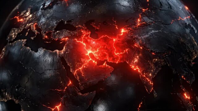 Cinematic animation of Earth with glowing red fissures centered over Iran. Concept of global risk, geopolitical uncertainty, regional conflict, and international instability.
