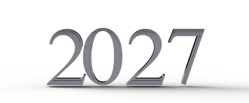 3D render of the year 2027 in a modern metallic style on a white backdrop, symbolizing the future, planning, or a new ye