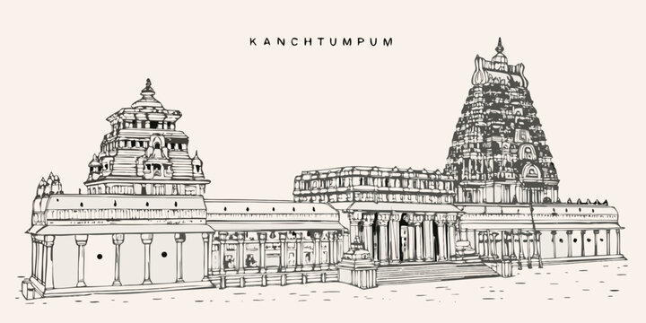 Detailed sketch of an ornate south indian temple with complex architecture