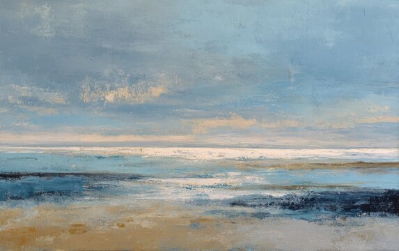 Abstract seascape painting featuring a cloudy sky, tranquil water, and a sandy beach