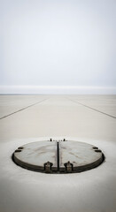 A circular metal hatch or manhole cover sits centrally on a vast flat concrete expanse under a vast overcast sky