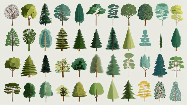 A collection of diverse tree illustrations in various shapes and green tones, presented in a grid format