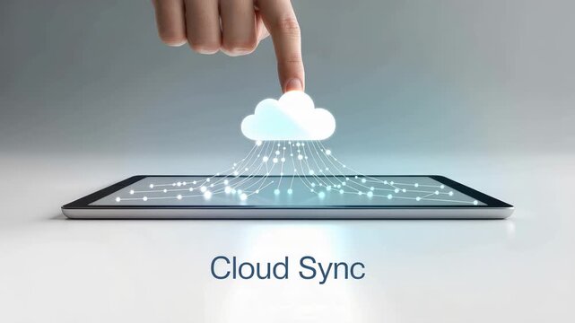 Cloud Sync Technology: A sleek tablet showcases cloud technology, with a finger interacting with a digital cloud, symbolizing seamless data synchronization.