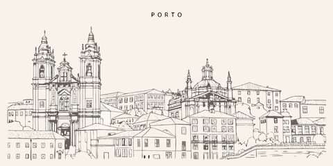 Sketch of porto cityscape with prominent church and riverside buildings © Bijoy