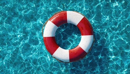 Red and White Lifebuoy Floating on Crystal Clear Blue Water.