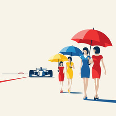Obraz premium Formula 1 Race Car Speeding Past Women with Umbrellas on Track