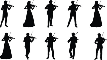 Black silhouette illustration set of eight violin players, diverse postures, formal and casual attire, musical performance, orchestra, cultural expression vector design © Sharon 