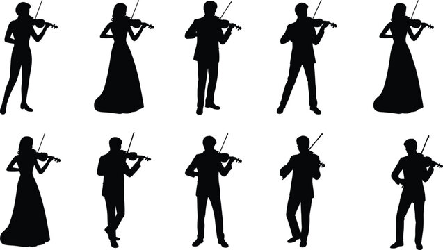 Black silhouette illustration set of eight violin players, diverse postures, formal and casual attire, musical performance, orchestra, cultural expression vector design
