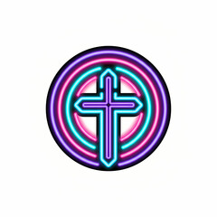 Glowing neon Christian cross sign with vibrant pink and blue circles