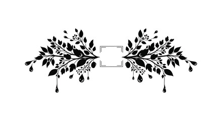 An elegant floral frame design featuring symmetrical branches with leaves and delicate droplets a striking silhouette high quality © jivect02