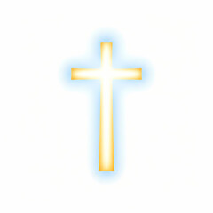 Bright glowing golden Christian cross with soft blue light halo