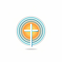 Minimalist white Christian cross enclosed in radiant colorful circles