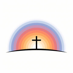 Christian cross silhouetted against a minimal gradient rainbow sunrise