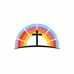 Silhouette of a christian cross against a colorful rainbow and bright sunrise graphic illustration
