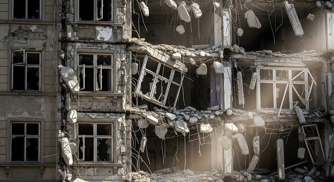 Devastating aftermath of world war and ww3 on a ruined building with debris and destruction everywhere, damaged structure, rubble, and chaos in a war-torn cityscape
