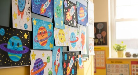 Childrens Space Artwork Displayed on Wall
