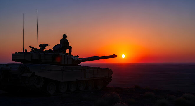 Silhouette of a soldier standing on a military tank against a vibrant sunset in a desert landscape symbolizing power and vigilance.