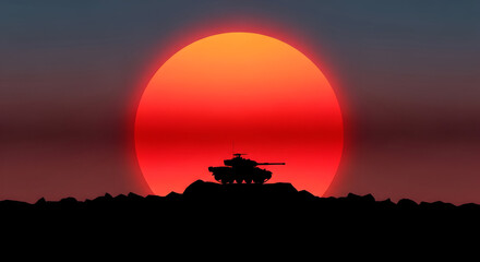 Obraz premium Silhouette of a military tank positioned on a rocky outcrop against a vast, fiery orange sun during a dramatic sunset, evoking themes of conflict and power.