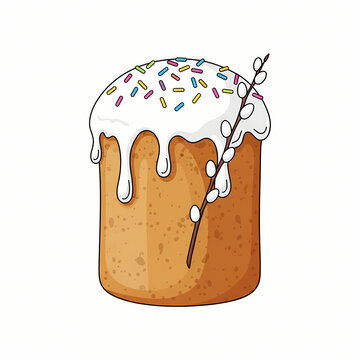 Traditional Easter cake with white icing sprinkles and willow branch
