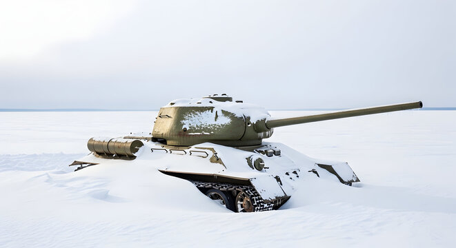 A vintage Soviet T-34 tank partially buried in deep snow on a desolate frozen landscape under a pale sky