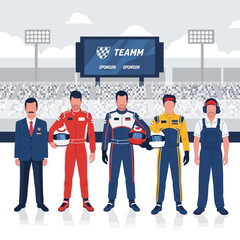 Obraz premium Motorsport Team: Racers, Manager, and Pit Crew at a Grand Prix Stadium