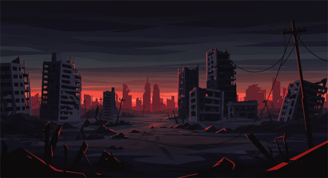 A desolate urban landscape under a crimson sky, depicting a ruined city after a cataclysmic event, with crumbling skyscrapers and a foreboding atmosphere