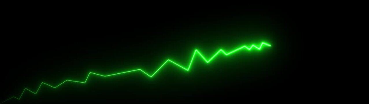 neon glowing zigzag line with upward arrow on black background, representing growth trend, progress, and rising performance. Motion graphics of neon business graph line concept