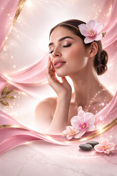 Portrait of a woman with luminous skin and pink flowers, representing beauty and facial care. Young woman with closed eyes and radiant skin. 