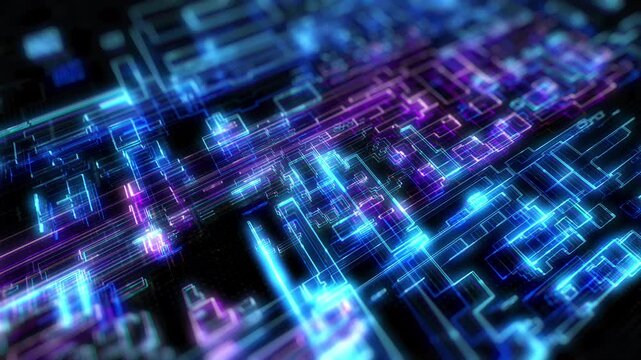 Technology digital glow line hologram big data perspective rotation view concept. HUD UI system, ai construction platform 4K motion background