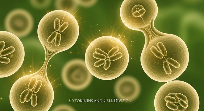 Cells dividing and cytokinesis process illustration with green background and scientific details visible