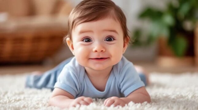 I am crawling to you mom, a joyful baby in a blue bodysuit on a fluffy white carpet in a cozy living room. Realistic video.