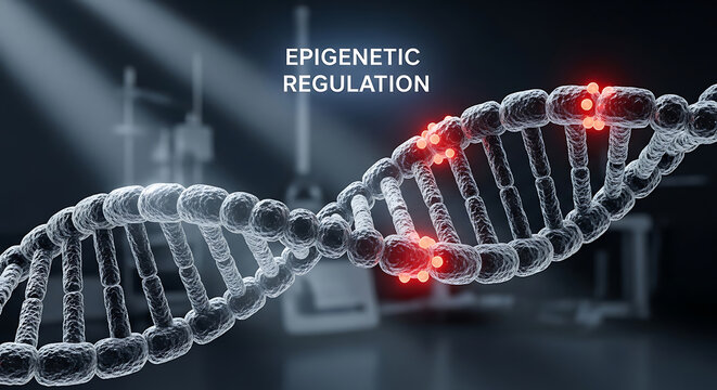 DNA double helix with red highlights on a blurred laboratory background for epigenetic study