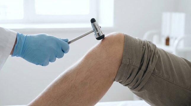 Doctor's Gloved Hand Tapping Knee with Reflex Hammer Close-Up