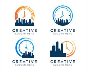 Fototapeta premium Set of city watch logo design templates. Modern isolated cityscape with clock design for accuracy, logistics, and management.