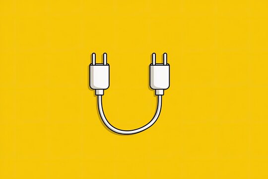 Two white electrical plugs connected by a white cable on a yellow background.
