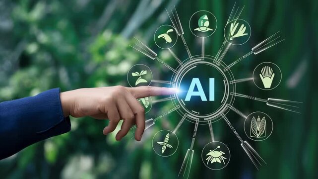 AI Tech Interaction: A modern vision of human interaction with advanced AI technology, where a person's touch triggers a digital interface filled with futuristic icons.